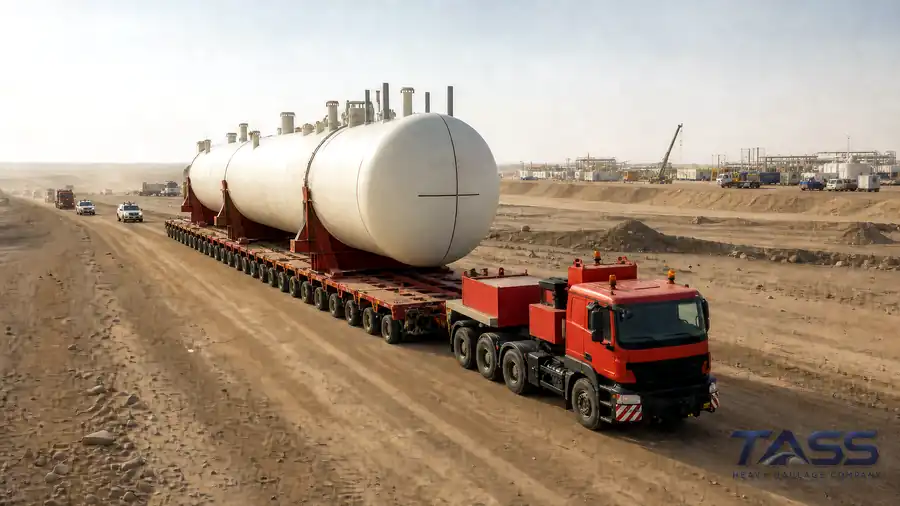 Heavy industrial cargo being transported through a Saudi desert project route